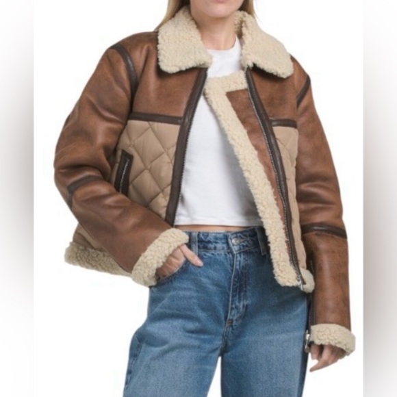 AMAPEL Tan/Beige Faux Leather Shearling Puffer Jacket XL NWT